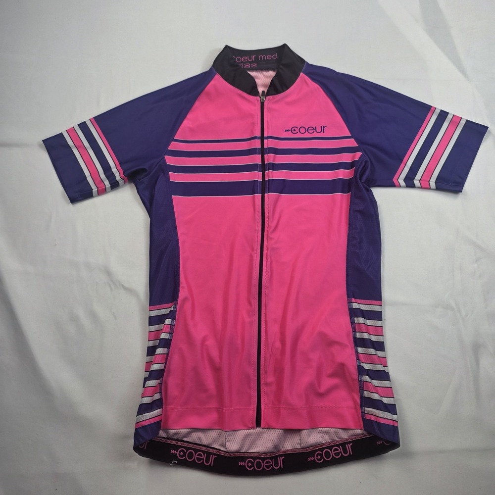 Coeur Cycling Jersey Womens Medium Pink Purple Striped Full Zip Bike Shirt Top